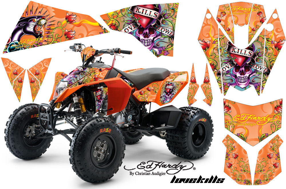 KTM 525 XC 08 Graphics Kit ED HARDY-LOVEKILLS-ORANGE